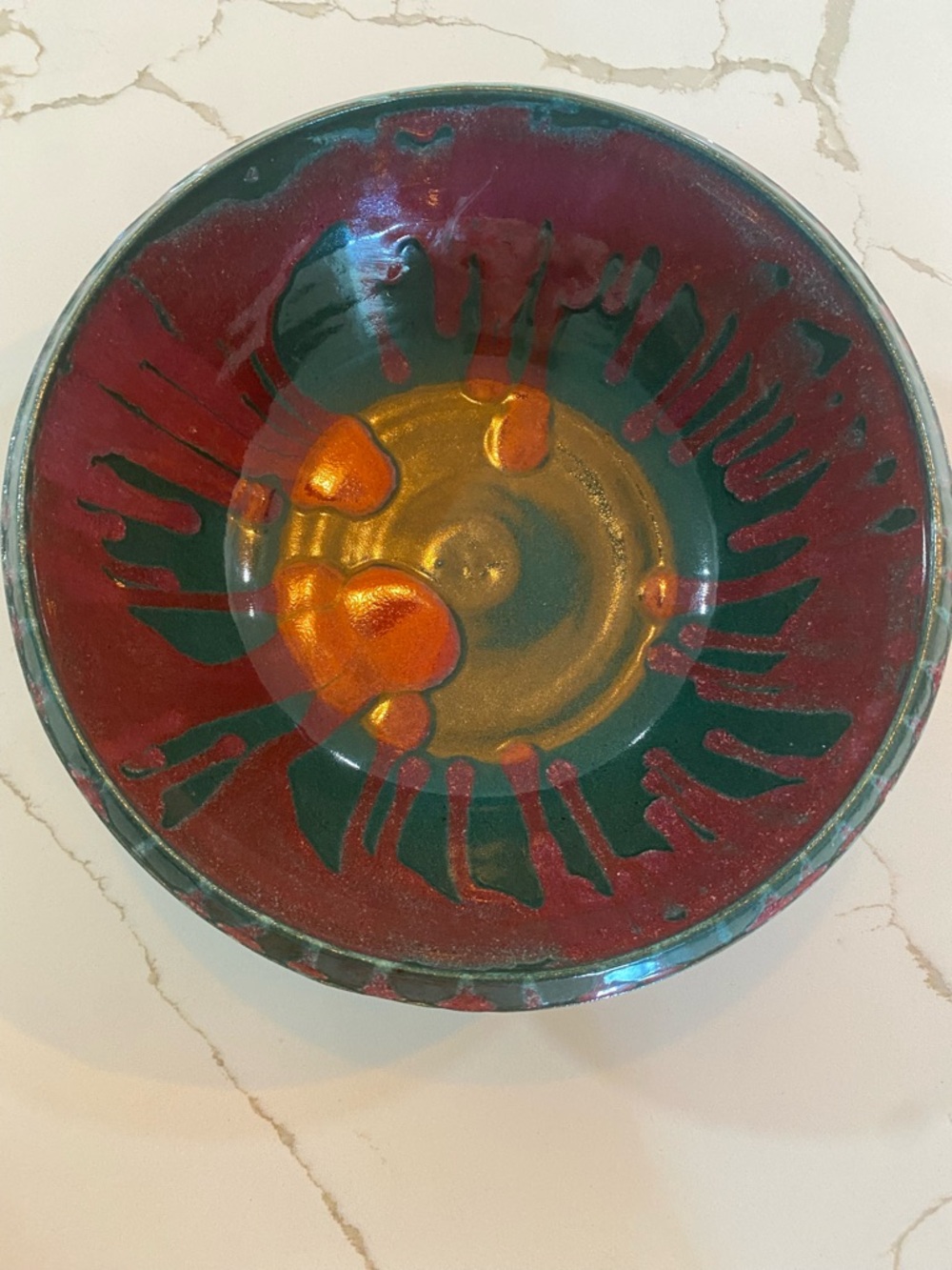 Handmade Gibson Ceramic Decorative Bowl in Deep Red & green lava effect.